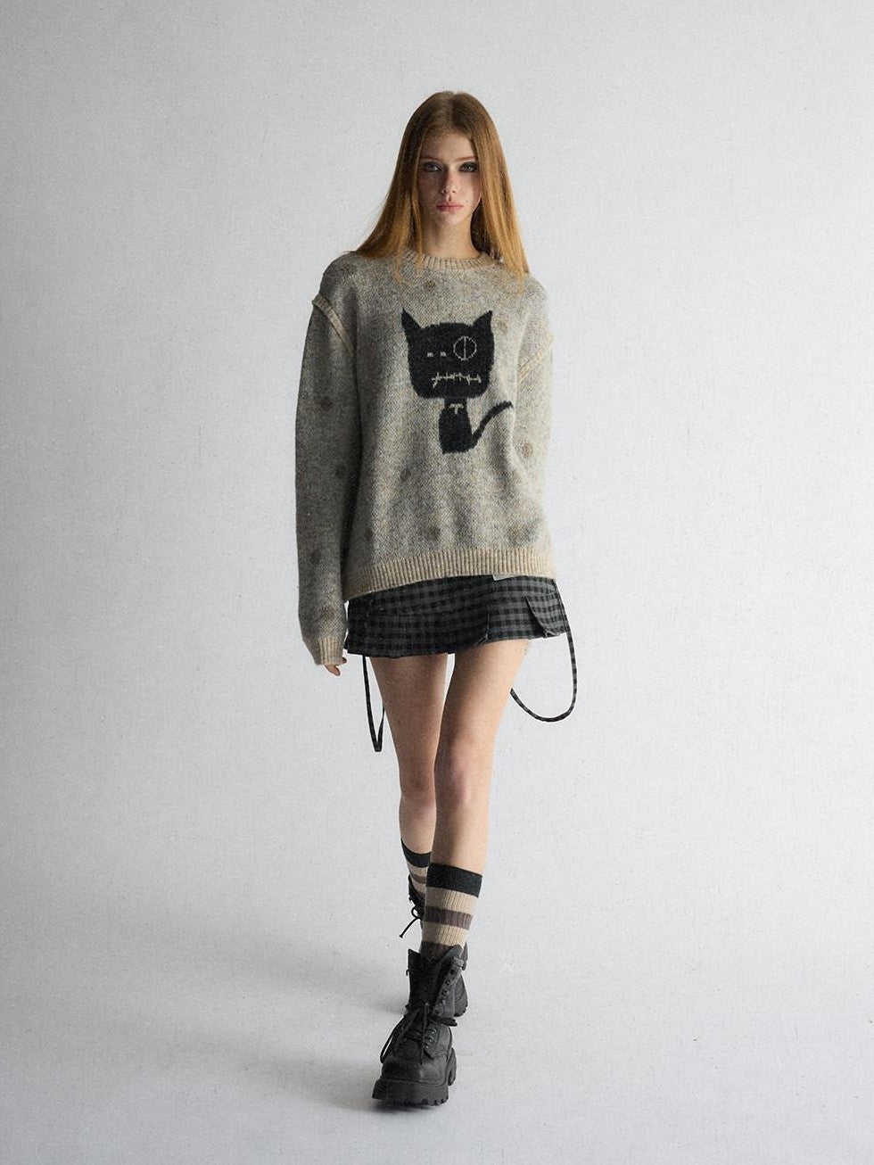 UNIVERSE Polka Dot Cat Fake Layered Crewneck Women's Polyester Blend Pullover Sweaters