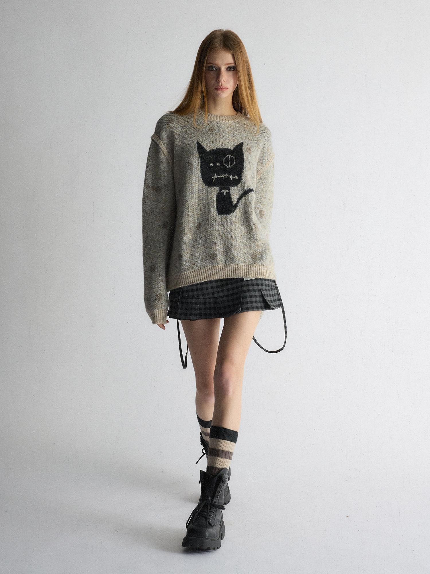 UNIVERSE Polka Dot Cat Fake Layered Crewneck Women's Polyester Blend Pullover Sweaters