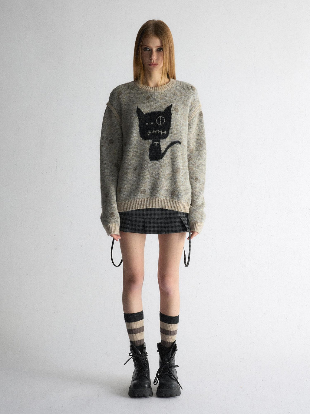 UNIVERSE Polka Dot Cat Fake Layered Crewneck Women's Polyester Blend Pullover Sweaters