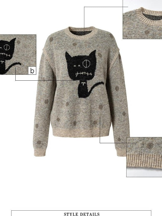 UNIVERSE Polka Dot Cat Fake Layered Crewneck Women's Polyester Blend Pullover Sweaters