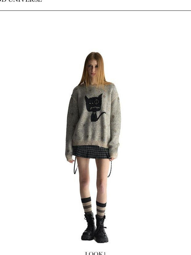 UNIVERSE Polka Dot Cat Fake Layered Crewneck Women's Polyester Blend Pullover Sweaters