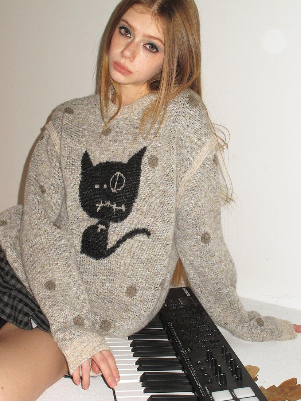 UNIVERSE Polka Dot Cat Fake Layered Crewneck Women's Polyester Blend Pullover Sweaters
