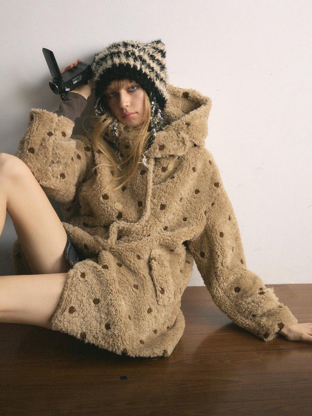 UNIVERSE Polka Dot Embroidered Barn Style Hooded Loose Women's Polyester Fleece Jackets
