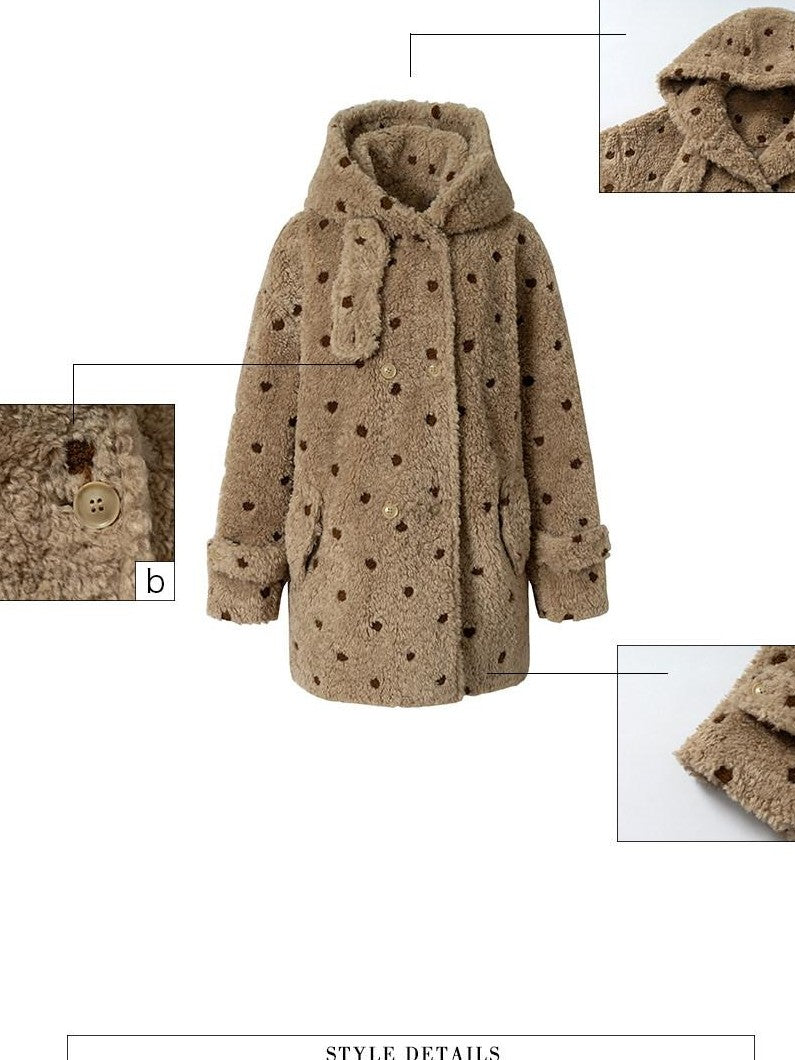 UNIVERSE Polka Dot Embroidered Barn Style Hooded Loose Women's Polyester Fleece Jackets