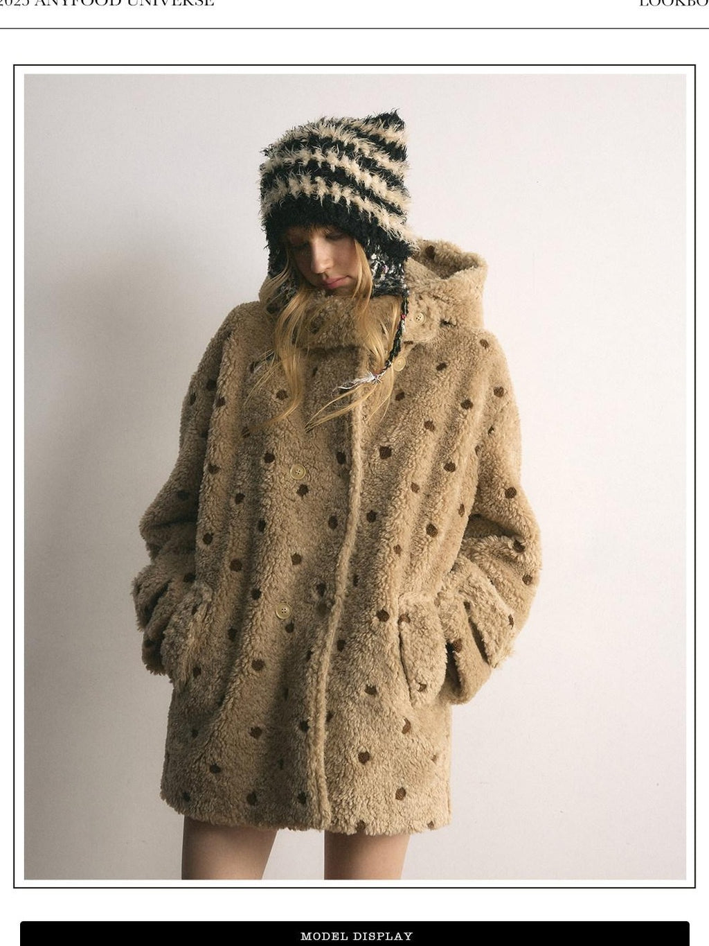 UNIVERSE Polka Dot Embroidered Barn Style Hooded Loose Women's Polyester Fleece Jackets