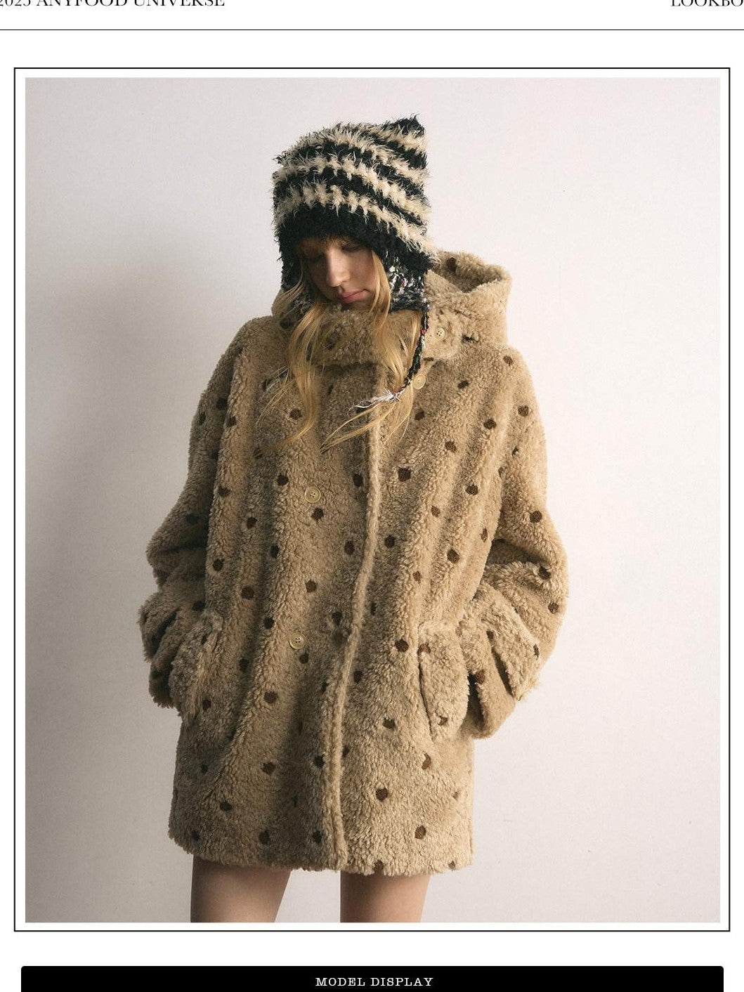 UNIVERSE Polka Dot Embroidered Barn Style Hooded Loose Women's Polyester Fleece Jackets