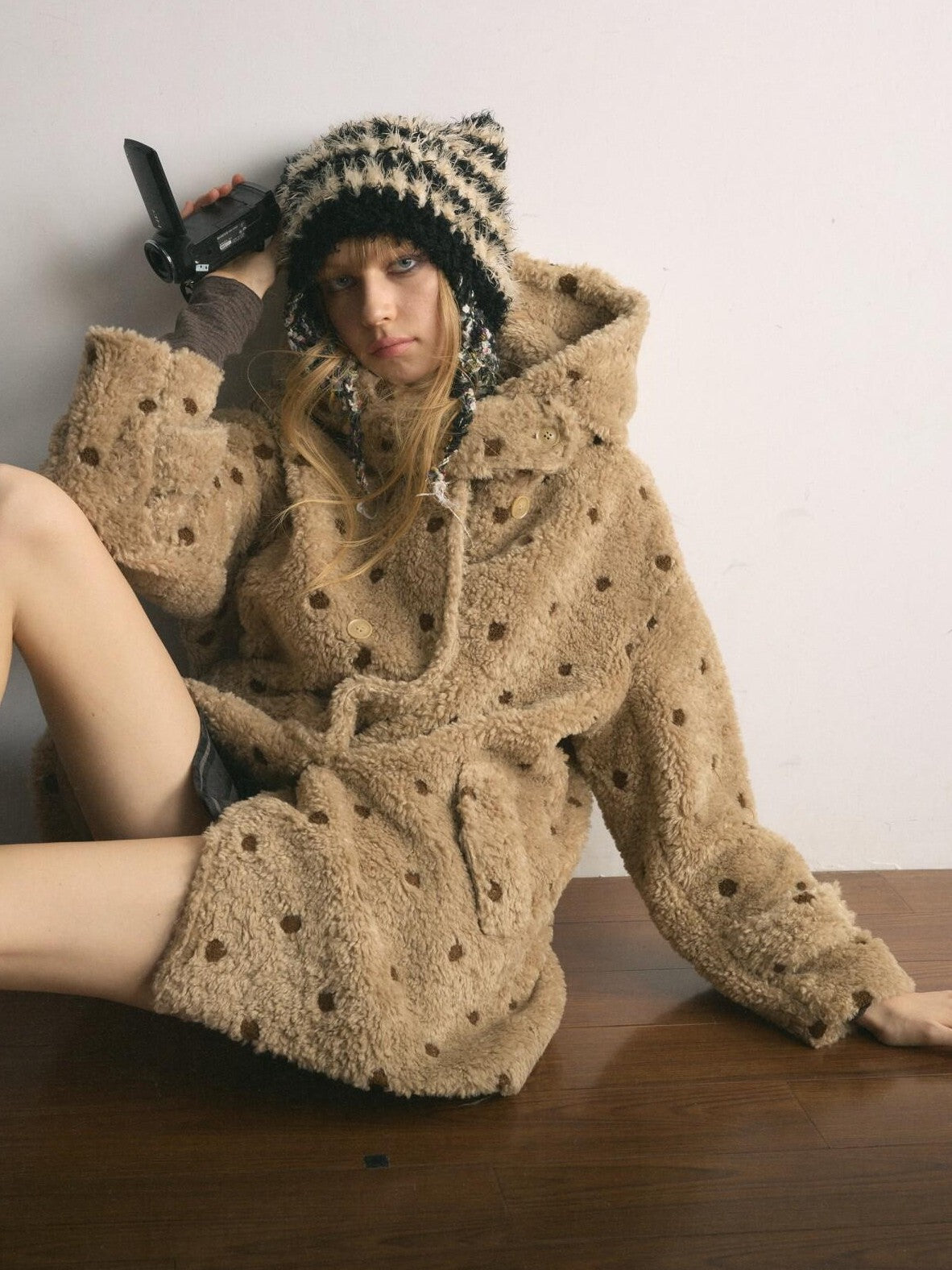 UNIVERSE Polka Dot Embroidered Barn Style Hooded Loose Women's Polyester Fleece Jackets