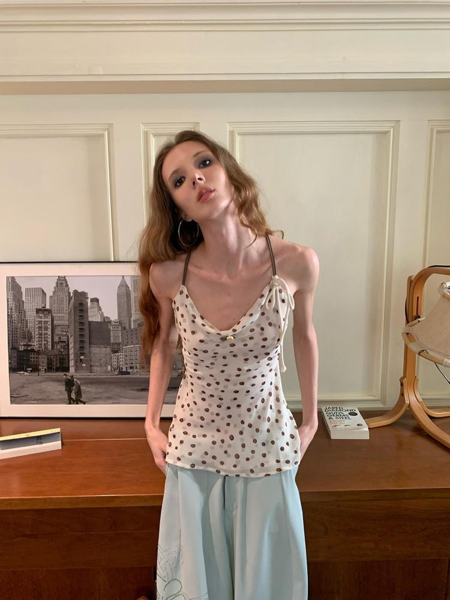 UNIVERSE Polka Dot Hemp Rope Draped Neck Retro Slim Women's Linen Halter Tops