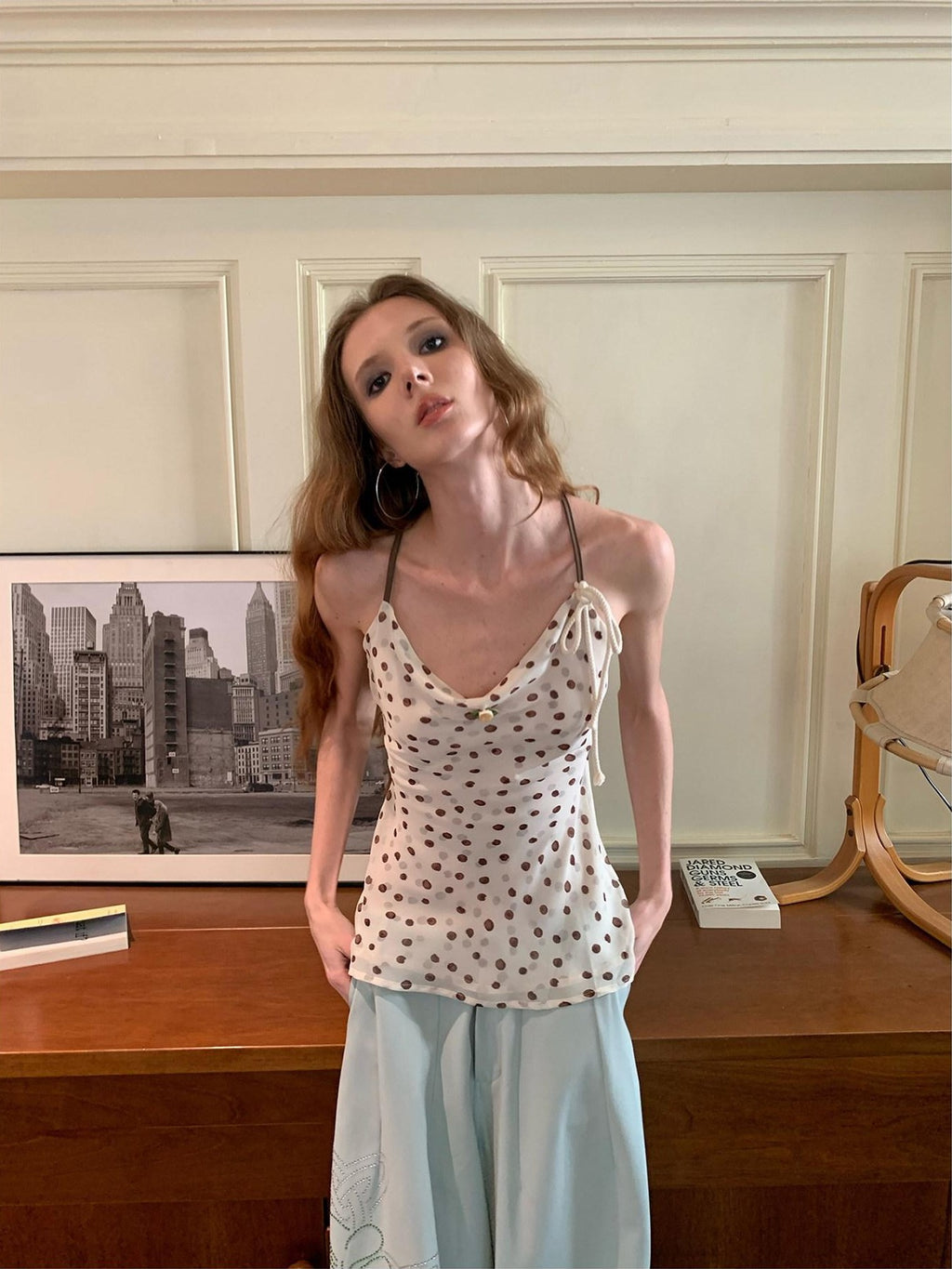 UNIVERSE Polka Dot Hemp Rope Draped Neck Retro Slim Women's Linen Halter Tops