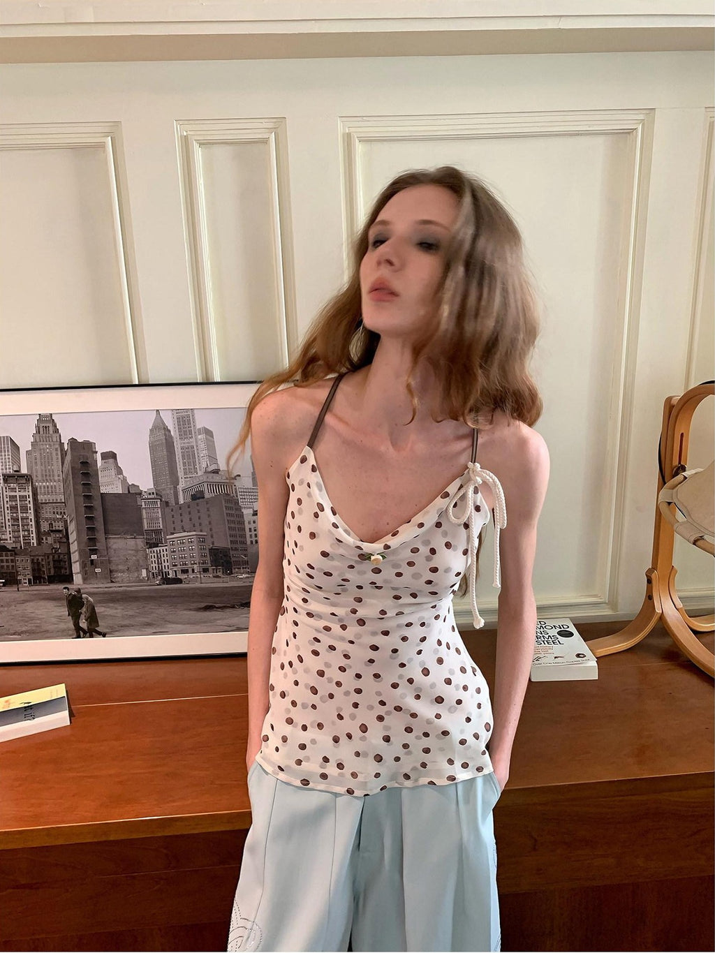 UNIVERSE Polka Dot Hemp Rope Draped Neck Retro Slim Women's Linen Halter Tops