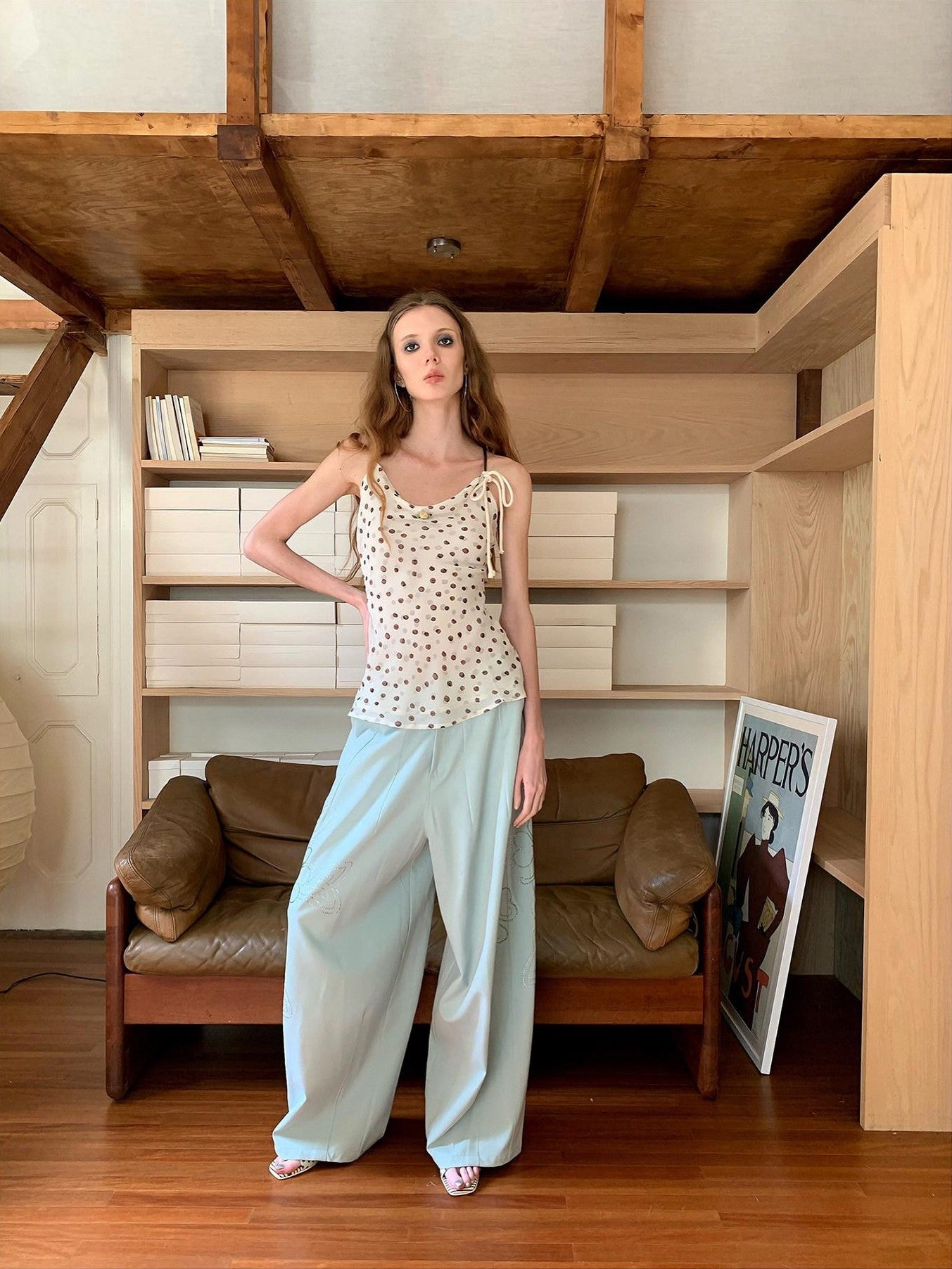 UNIVERSE Polka Dot Hemp Rope Draped Neck Retro Slim Women's Linen Halter Tops