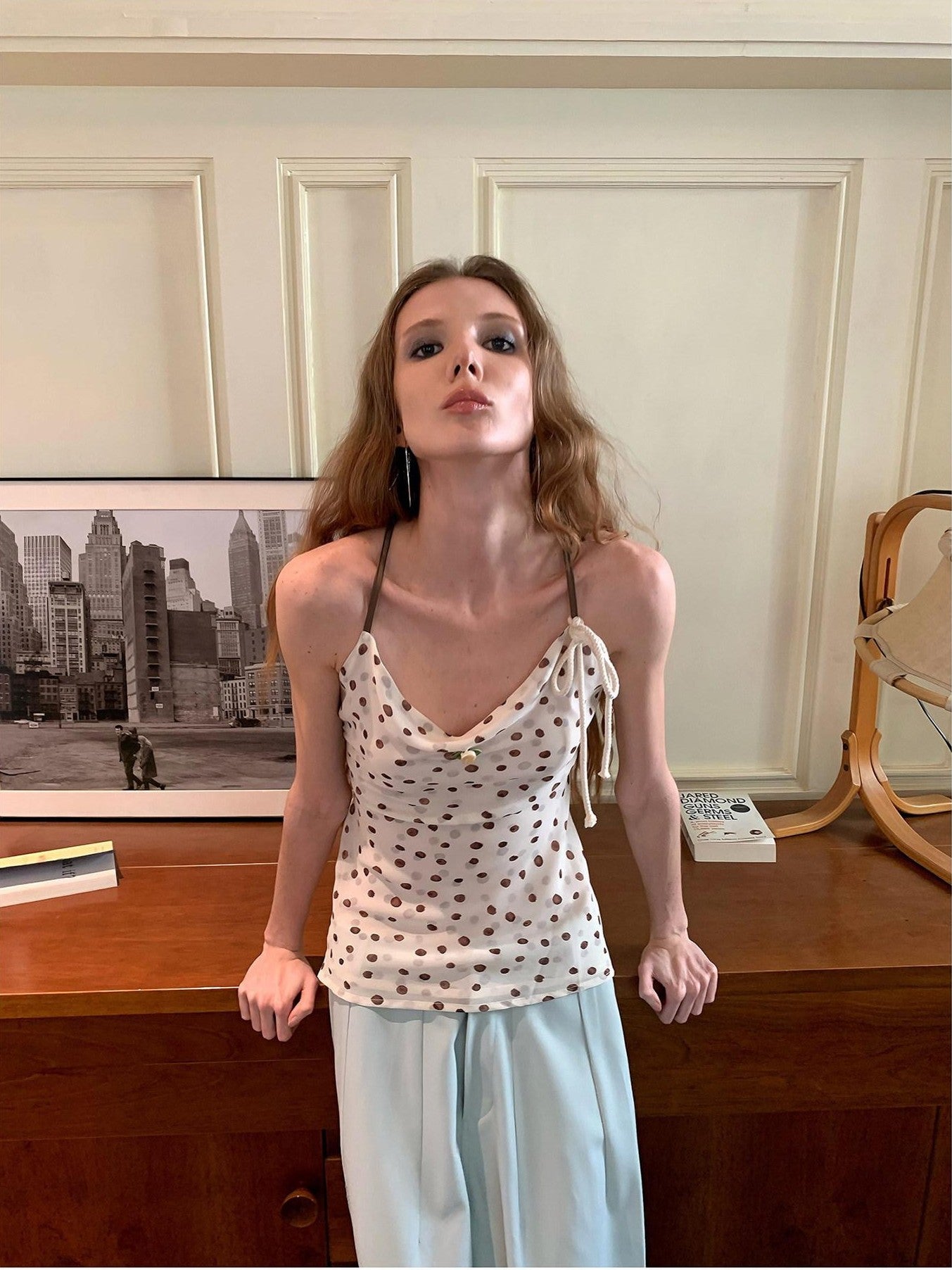 UNIVERSE Polka Dot Hemp Rope Draped Neck Retro Slim Women's Linen Halter Tops