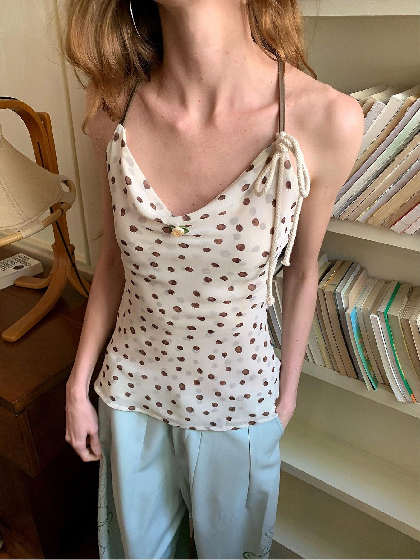 UNIVERSE Polka Dot Hemp Rope Draped Neck Retro Slim Women's Linen Halter Tops