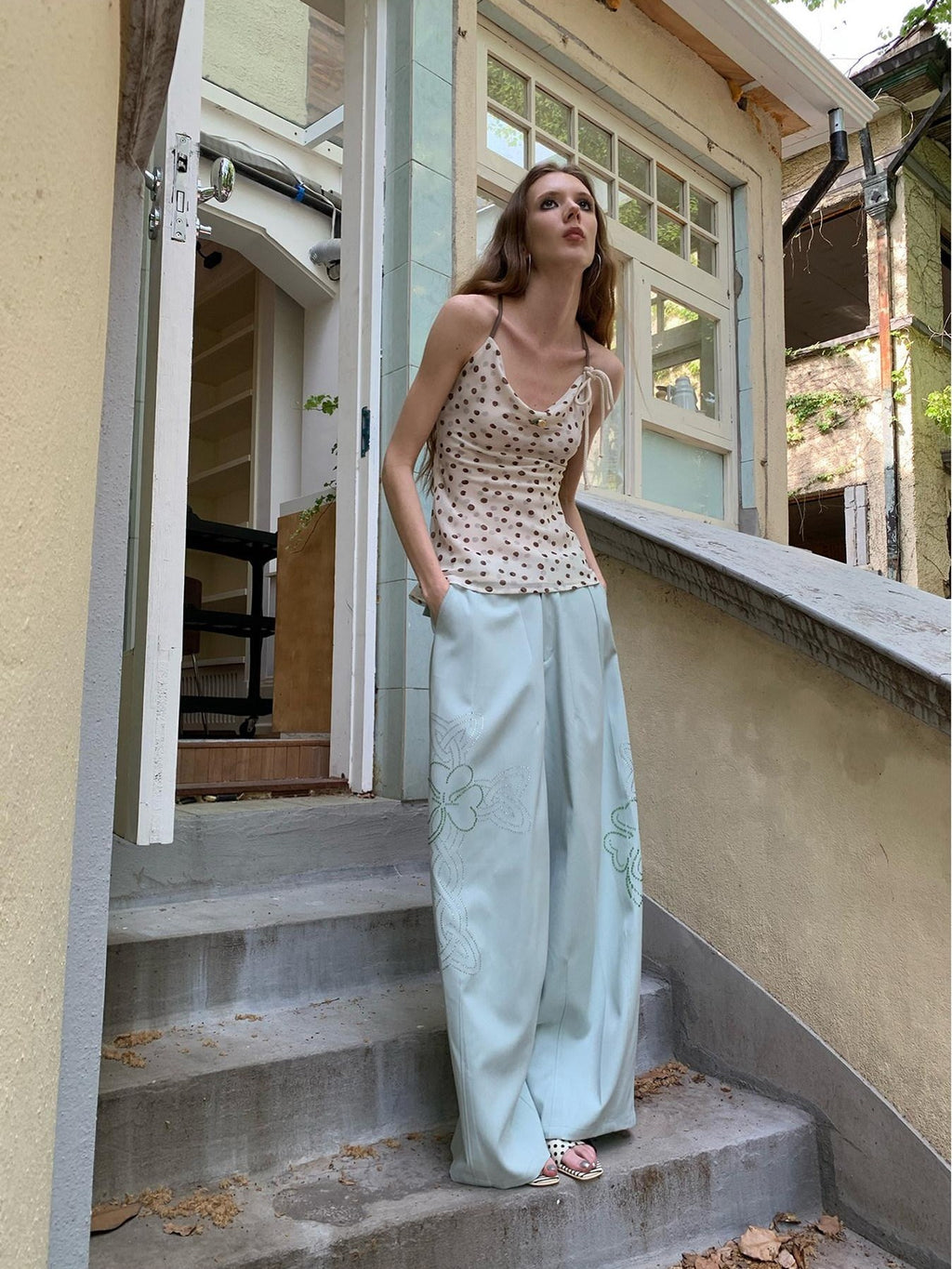 UNIVERSE Polka Dot Hemp Rope Draped Neck Retro Slim Women's Linen Halter Tops