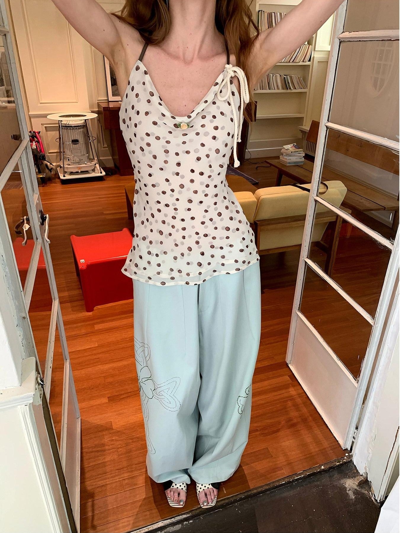 UNIVERSE Polka Dot Hemp Rope Draped Neck Retro Slim Women's Linen Halter Tops