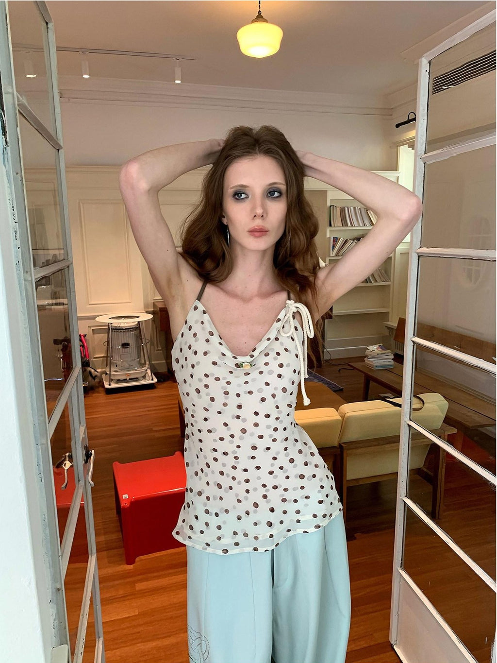 UNIVERSE Polka Dot Hemp Rope Draped Neck Retro Slim Women's Linen Halter Tops