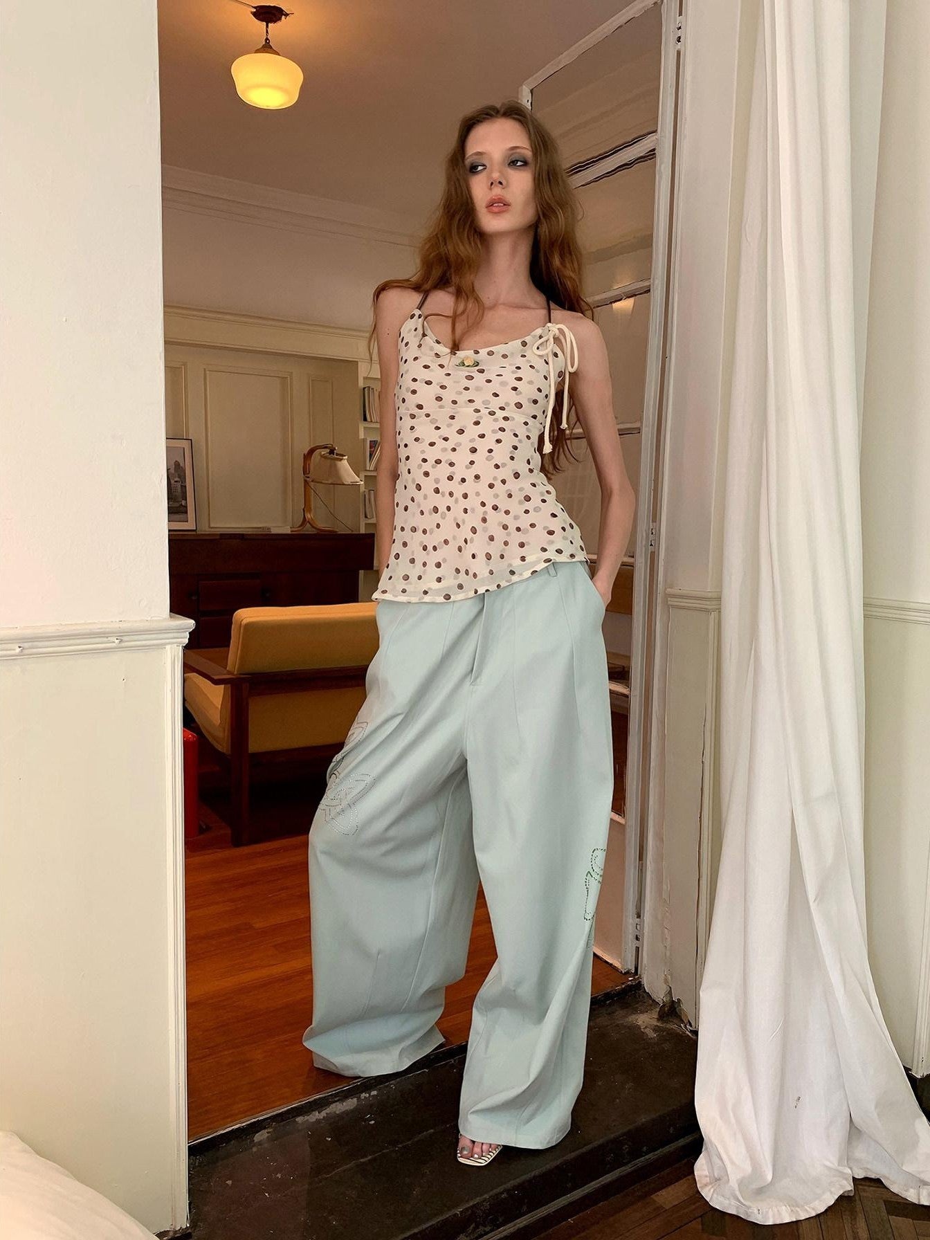 UNIVERSE Polka Dot Hemp Rope Draped Neck Retro Slim Women's Linen Halter Tops