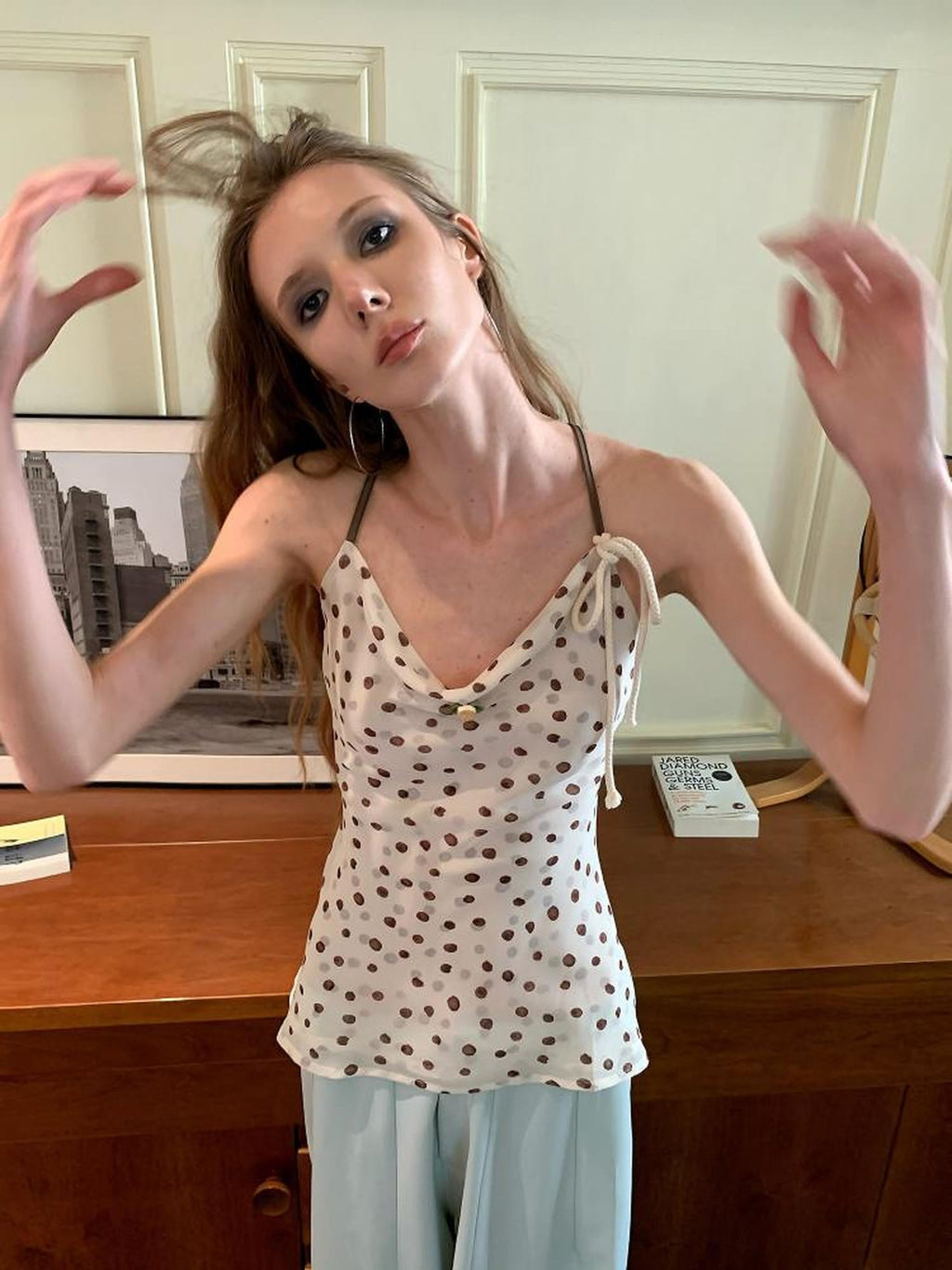 UNIVERSE Polka Dot Hemp Rope Draped Neck Retro Slim Women's Linen Halter Tops