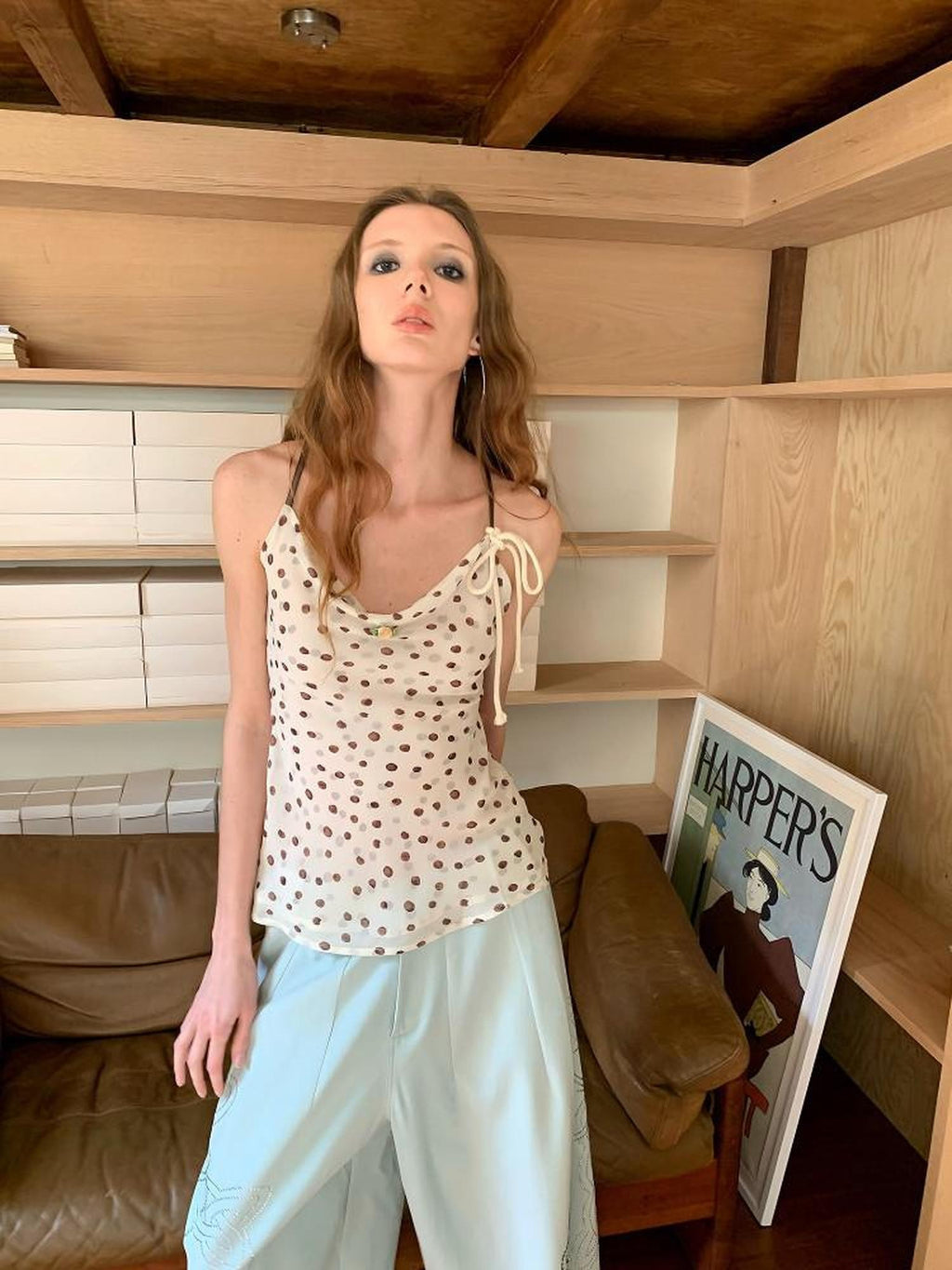 UNIVERSE Polka Dot Hemp Rope Draped Neck Retro Slim Women's Linen Halter Tops