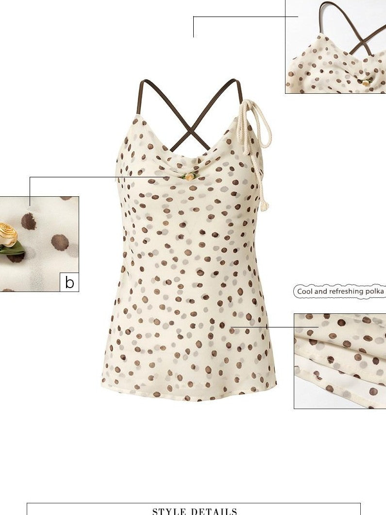 UNIVERSE Polka Dot Hemp Rope Draped Neck Retro Slim Women's Linen Halter Tops