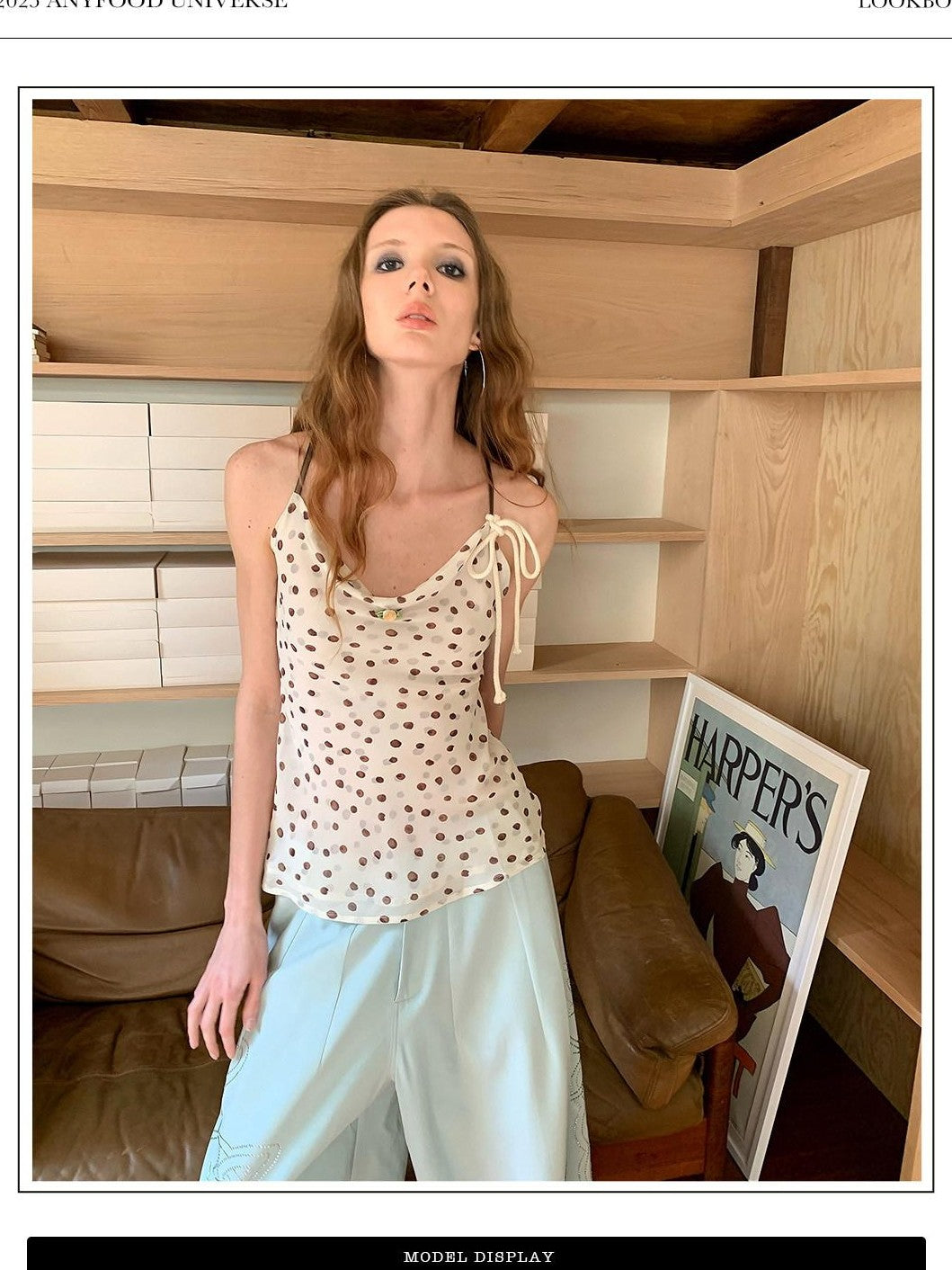 UNIVERSE Polka Dot Hemp Rope Draped Neck Retro Slim Women's Linen Halter Tops