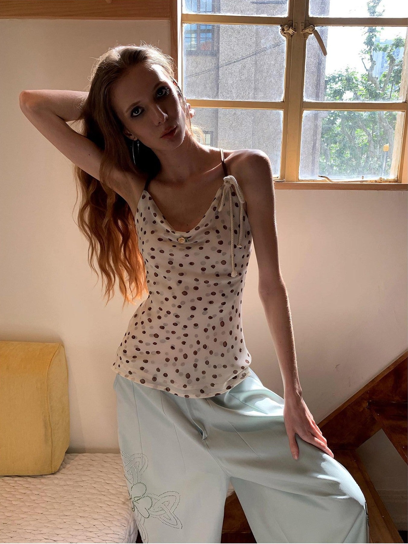 UNIVERSE Polka Dot Hemp Rope Draped Neck Retro Slim Women's Linen Halter Tops
