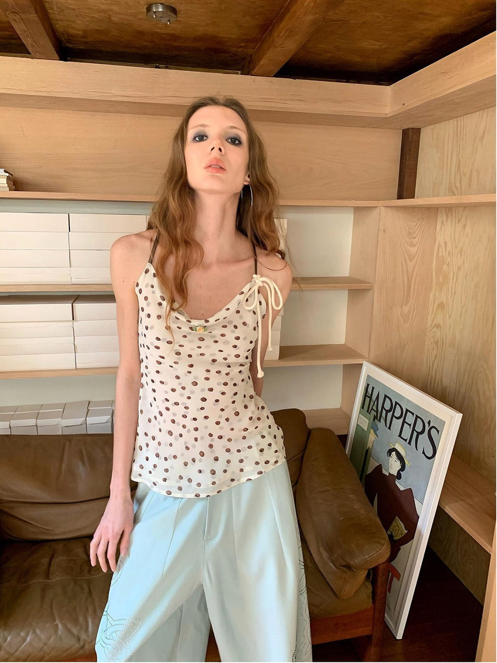 UNIVERSE Polka Dot Hemp Rope Draped Neck Retro Slim Women's Linen Halter Tops