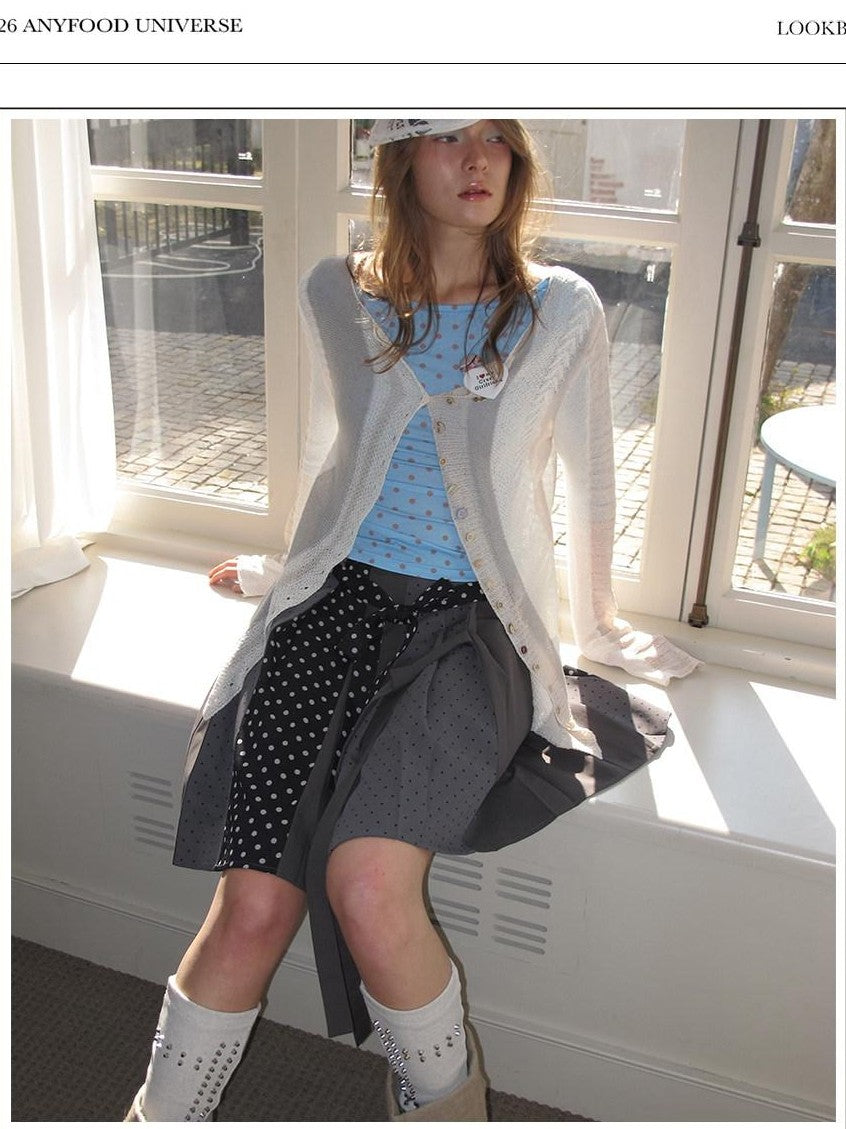 UNIVERSE Polka Dot Spliced Tie Drape Vintage Women's Cotton Modal Pleated Skirts