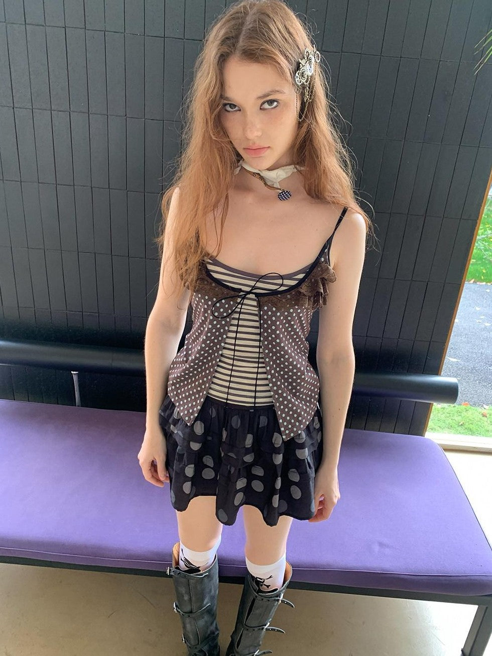 UNIVERSE Polka Dot Striped Lace Tie Layered Slim Cropped Women's Cotton Blend Camisoles