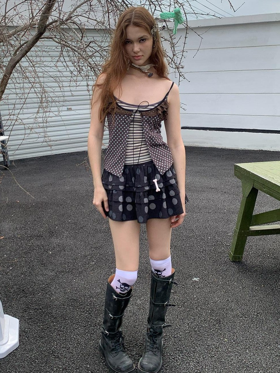 UNIVERSE Polka Dot Striped Lace Tie Layered Slim Cropped Women's Cotton Blend Camisoles