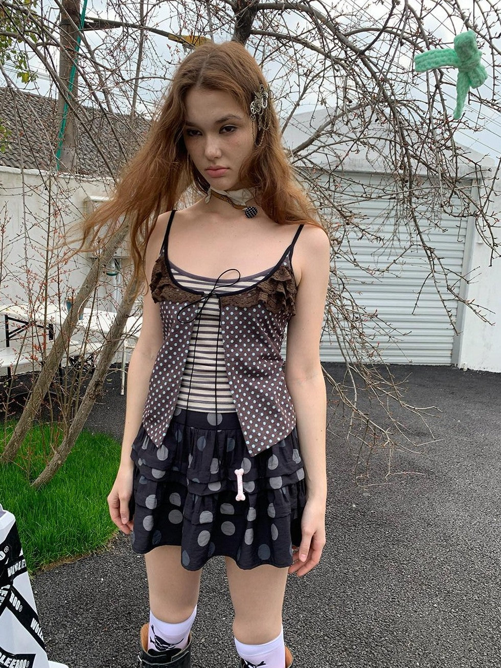 UNIVERSE Polka Dot Striped Lace Tie Layered Slim Cropped Women's Cotton Blend Camisoles
