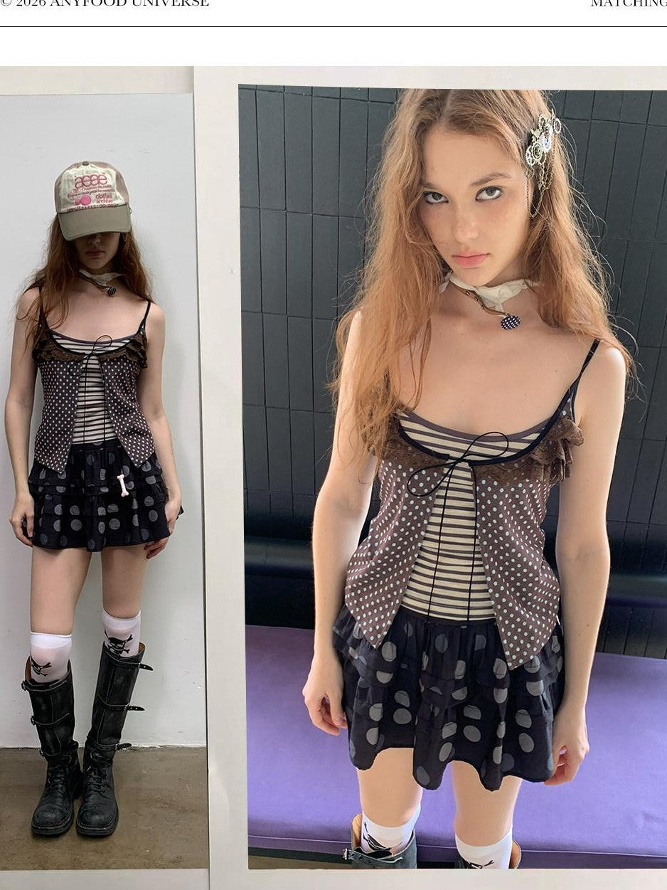 UNIVERSE Polka Dot Striped Lace Tie Layered Slim Cropped Women's Cotton Blend Camisoles