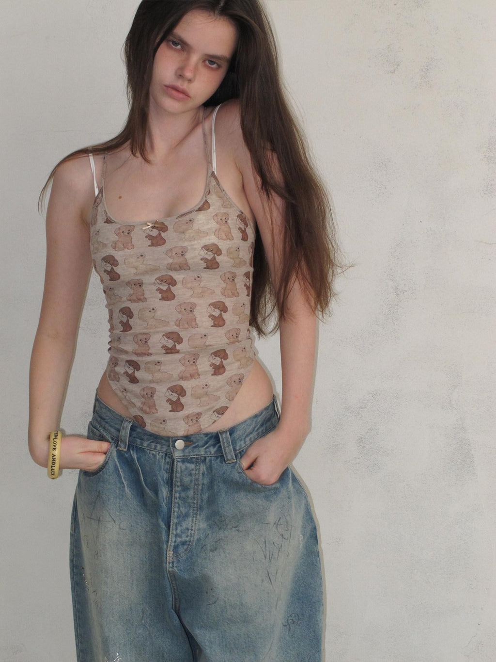 UNIVERSE Puppy Print Distressed Cropped Slim U Neck Women's Tencel Blend Camisoles