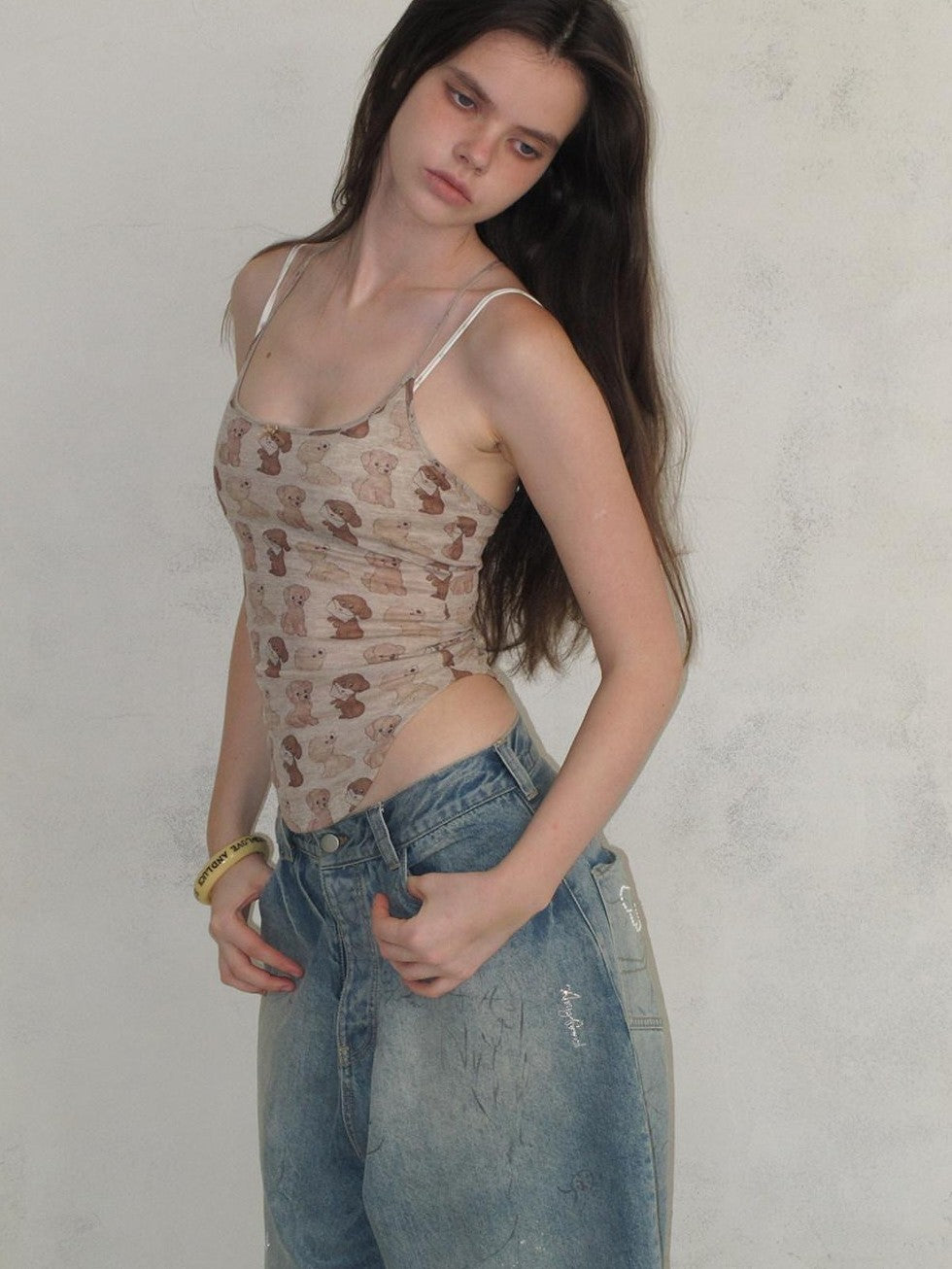 UNIVERSE Puppy Print Distressed Cropped Slim U Neck Women's Tencel Blend Camisoles