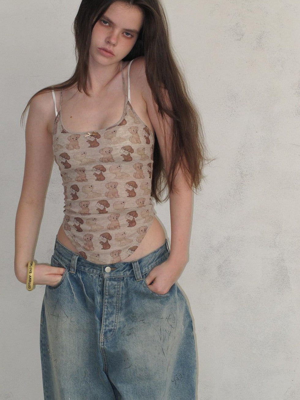 UNIVERSE Puppy Print Distressed Cropped Slim U Neck Women's Tencel Blend Camisoles