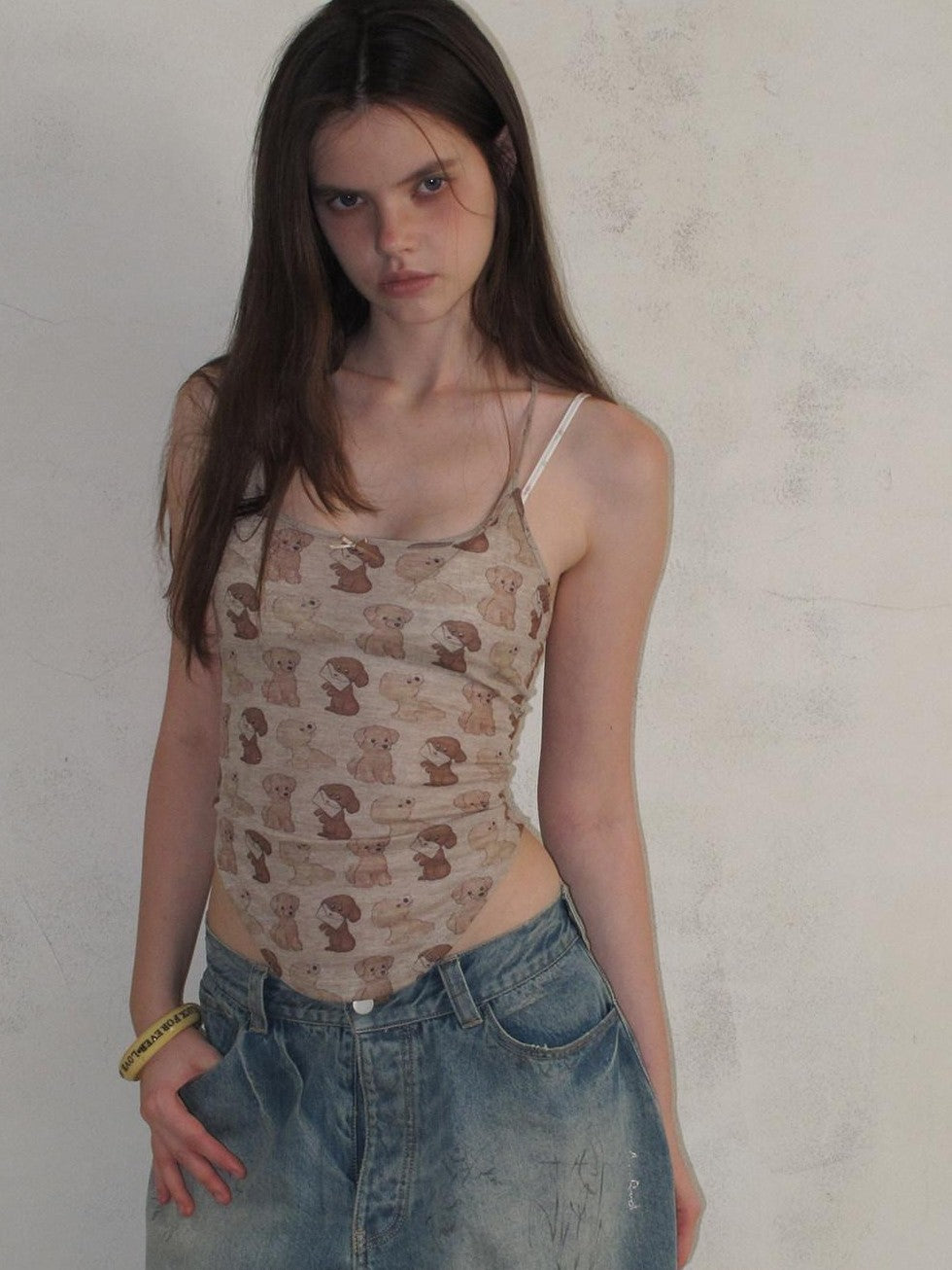 UNIVERSE Puppy Print Distressed Cropped Slim U Neck Women's Tencel Blend Camisoles