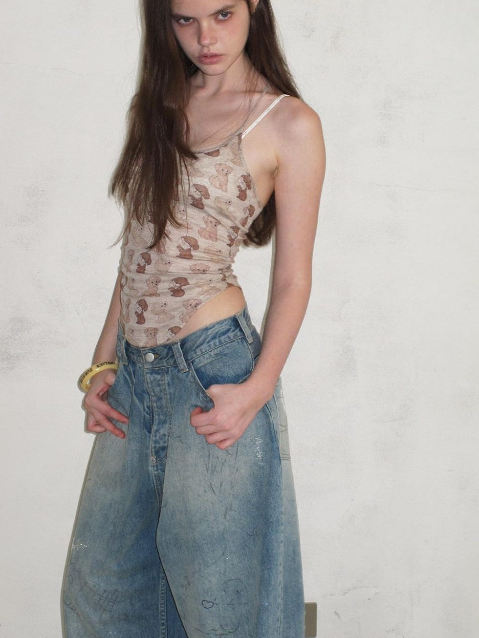 UNIVERSE Puppy Print Distressed Cropped Slim U Neck Women's Tencel Blend Camisoles