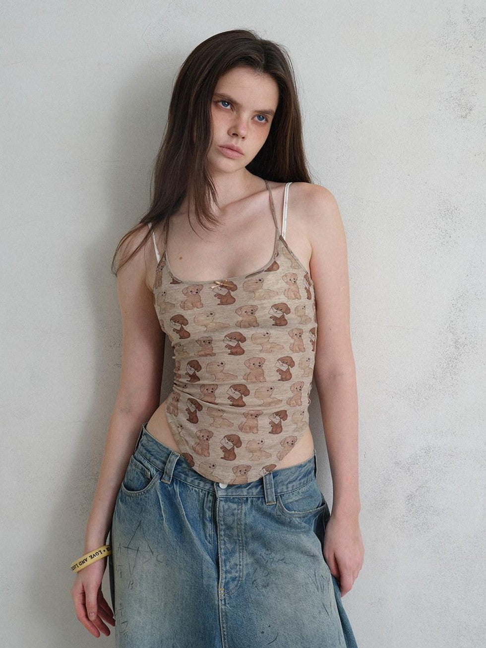 UNIVERSE Puppy Print Distressed Cropped Slim U Neck Women's Tencel Blend Camisoles