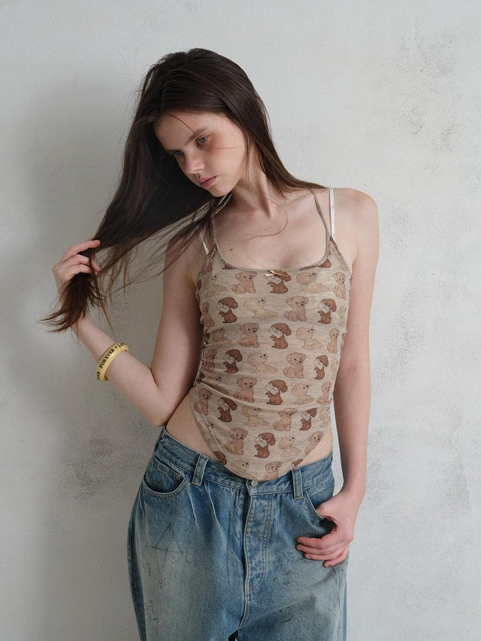 UNIVERSE Puppy Print Distressed Cropped Slim U Neck Women's Tencel Blend Camisoles