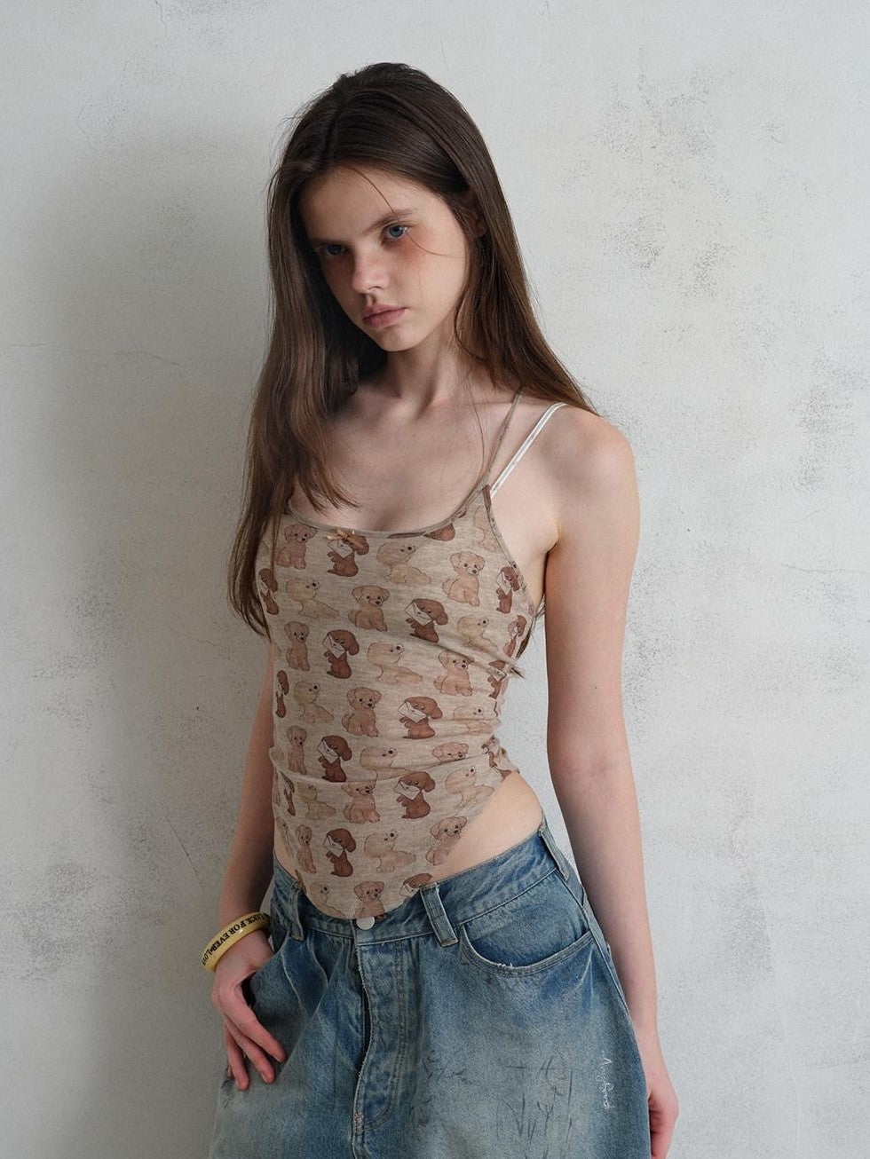 UNIVERSE Puppy Print Distressed Cropped Slim U Neck Women's Tencel Blend Camisoles