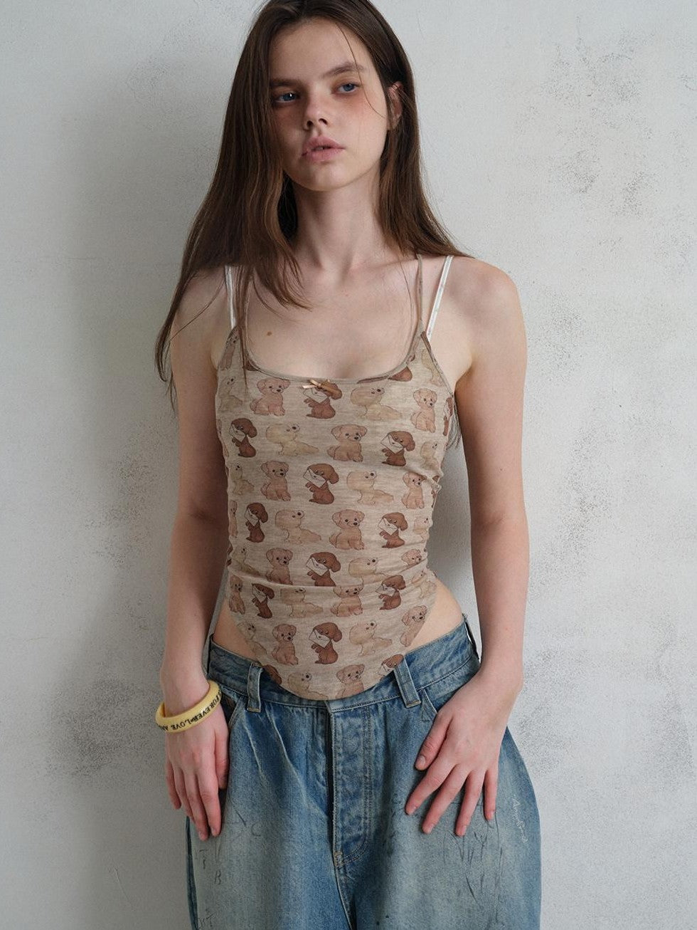 UNIVERSE Puppy Print Distressed Cropped Slim U Neck Women's Tencel Blend Camisoles