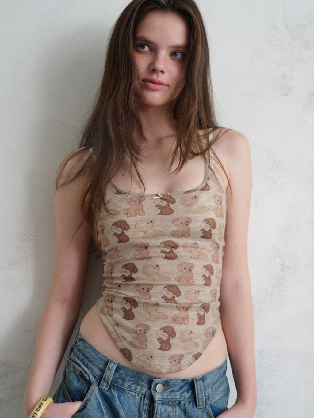 UNIVERSE Puppy Print Distressed Cropped Slim U Neck Women's Tencel Blend Camisoles