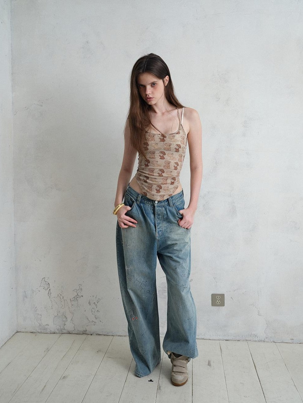 UNIVERSE Puppy Print Distressed Cropped Slim U Neck Women's Tencel Blend Camisoles