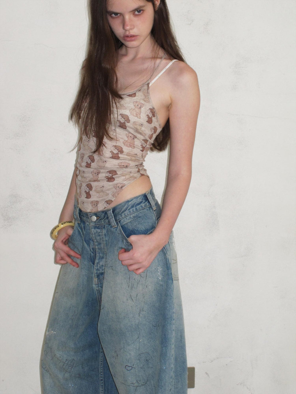 UNIVERSE Puppy Print Distressed Cropped Slim U Neck Women's Tencel Blend Camisoles