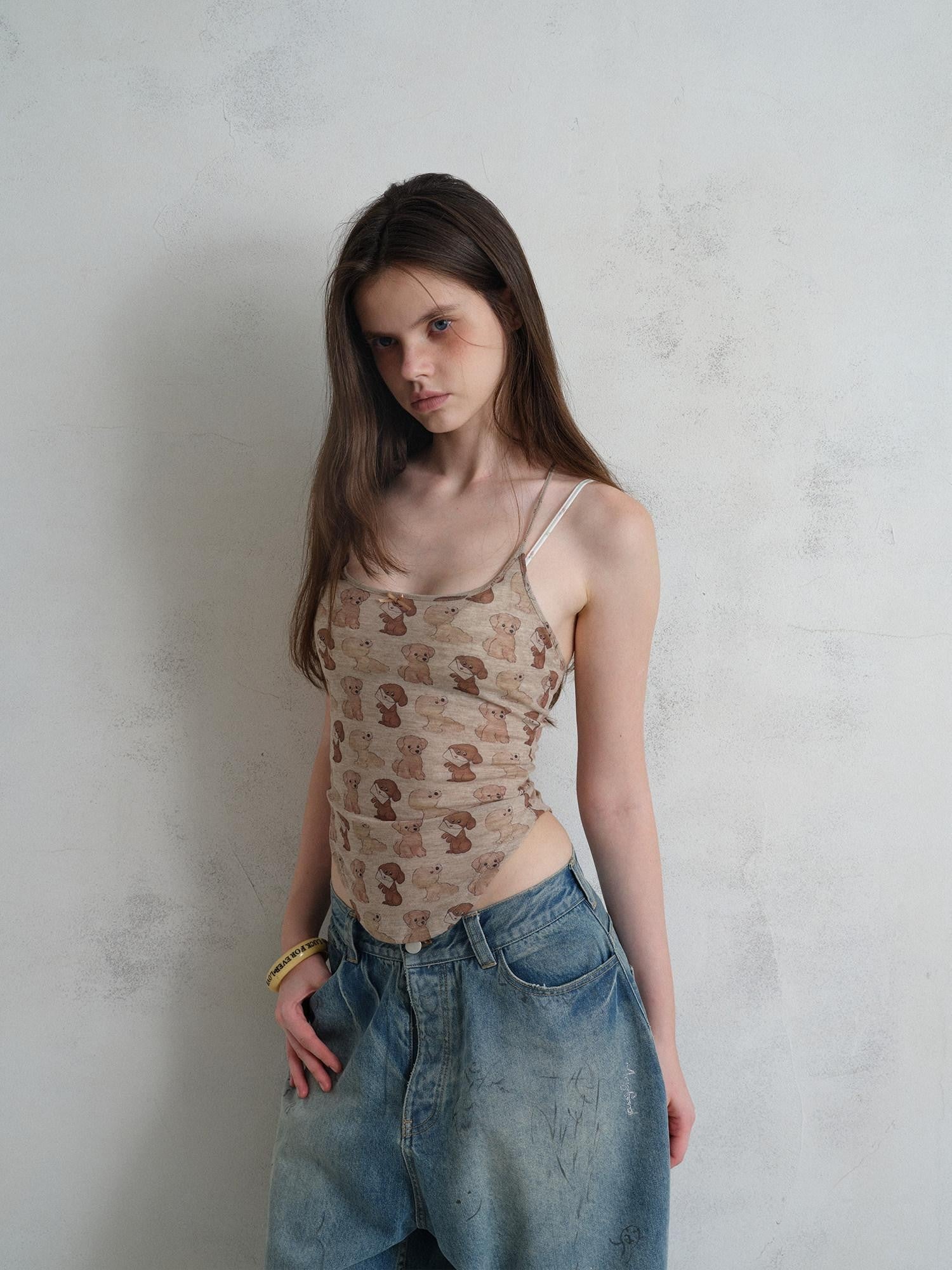 UNIVERSE Puppy Print Distressed Cropped Slim U Neck Women's Tencel Blend Camisoles