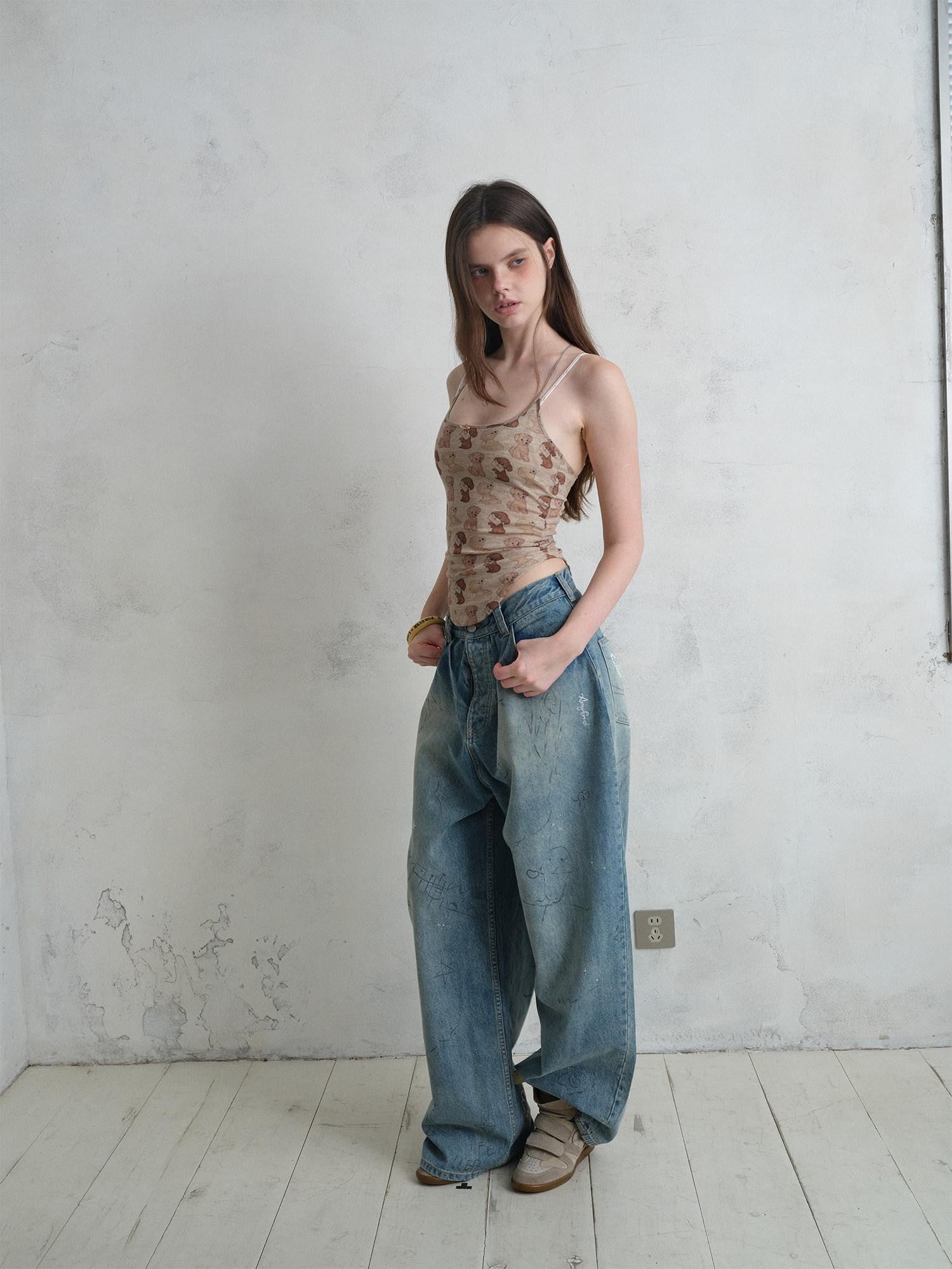 UNIVERSE Puppy Print Distressed Cropped Slim U Neck Women's Tencel Blend Camisoles