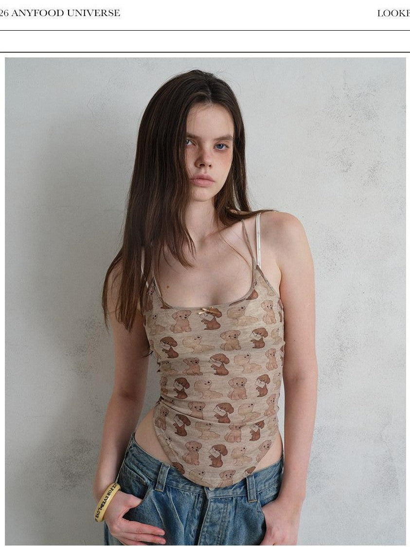 UNIVERSE Puppy Print Distressed Cropped Slim U Neck Women's Tencel Blend Camisoles
