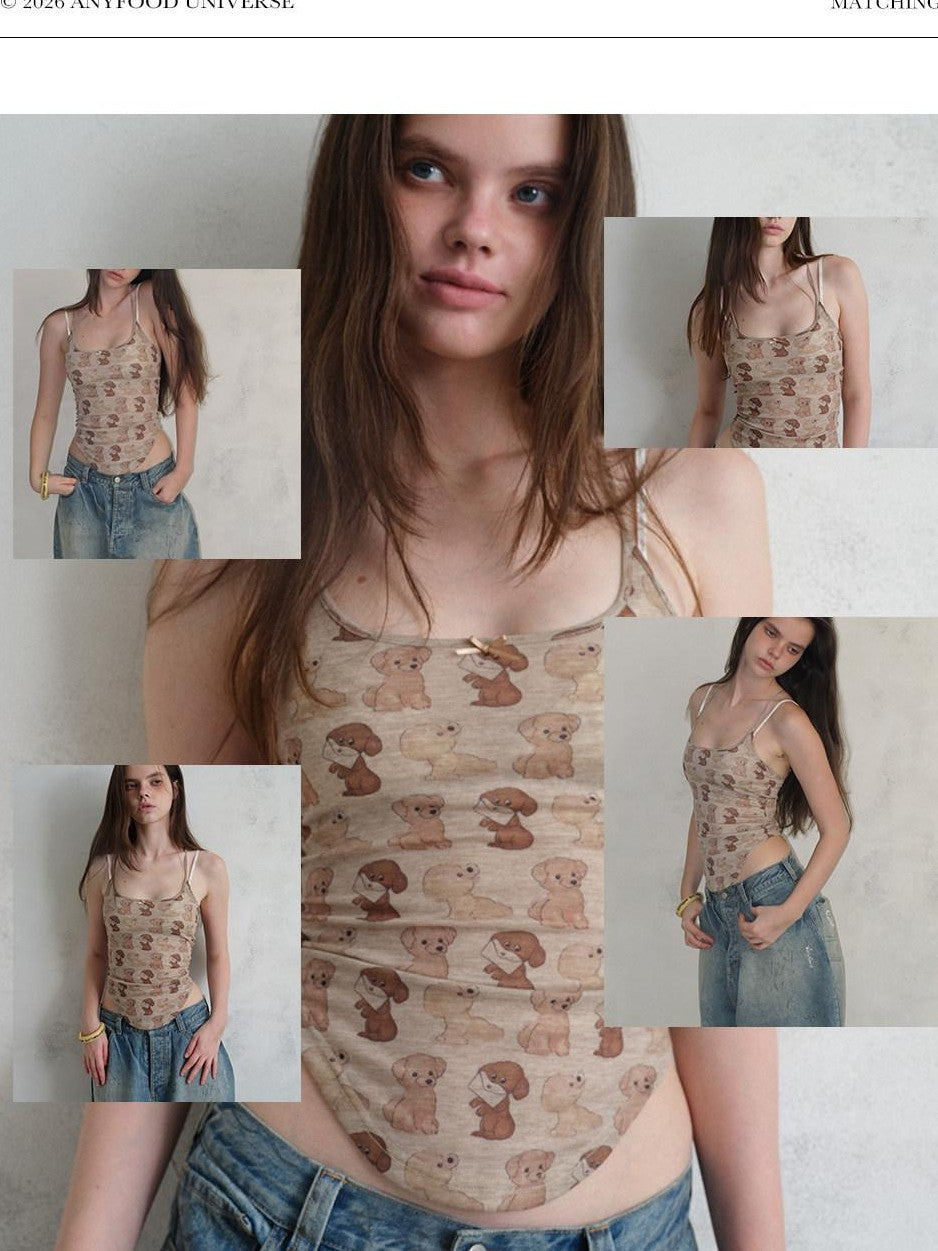 UNIVERSE Puppy Print Distressed Cropped Slim U Neck Women's Tencel Blend Camisoles