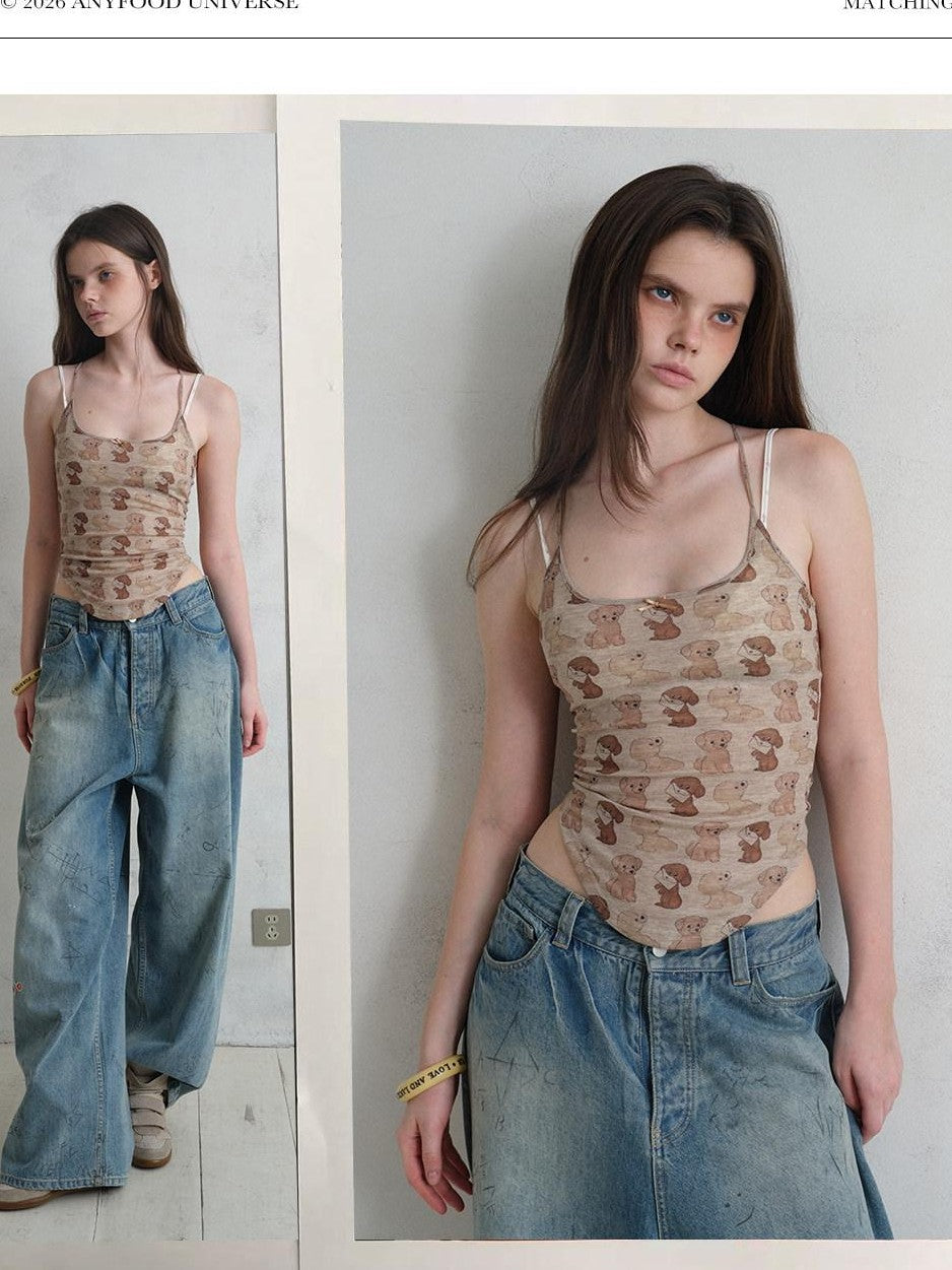UNIVERSE Puppy Print Distressed Cropped Slim U Neck Women's Tencel Blend Camisoles
