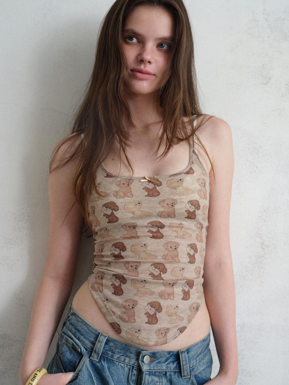 UNIVERSE Puppy Print Distressed Cropped Slim U Neck Women's Tencel Blend Camisoles